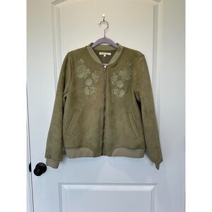 Solitare Tan Faux Suede Embroidered Bomber Jacket Size Large